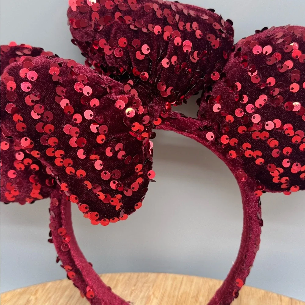 Disney‎ Parks Minnie Ears Dark Red Velour Sequin Tokyo Disneyland Japan Headband